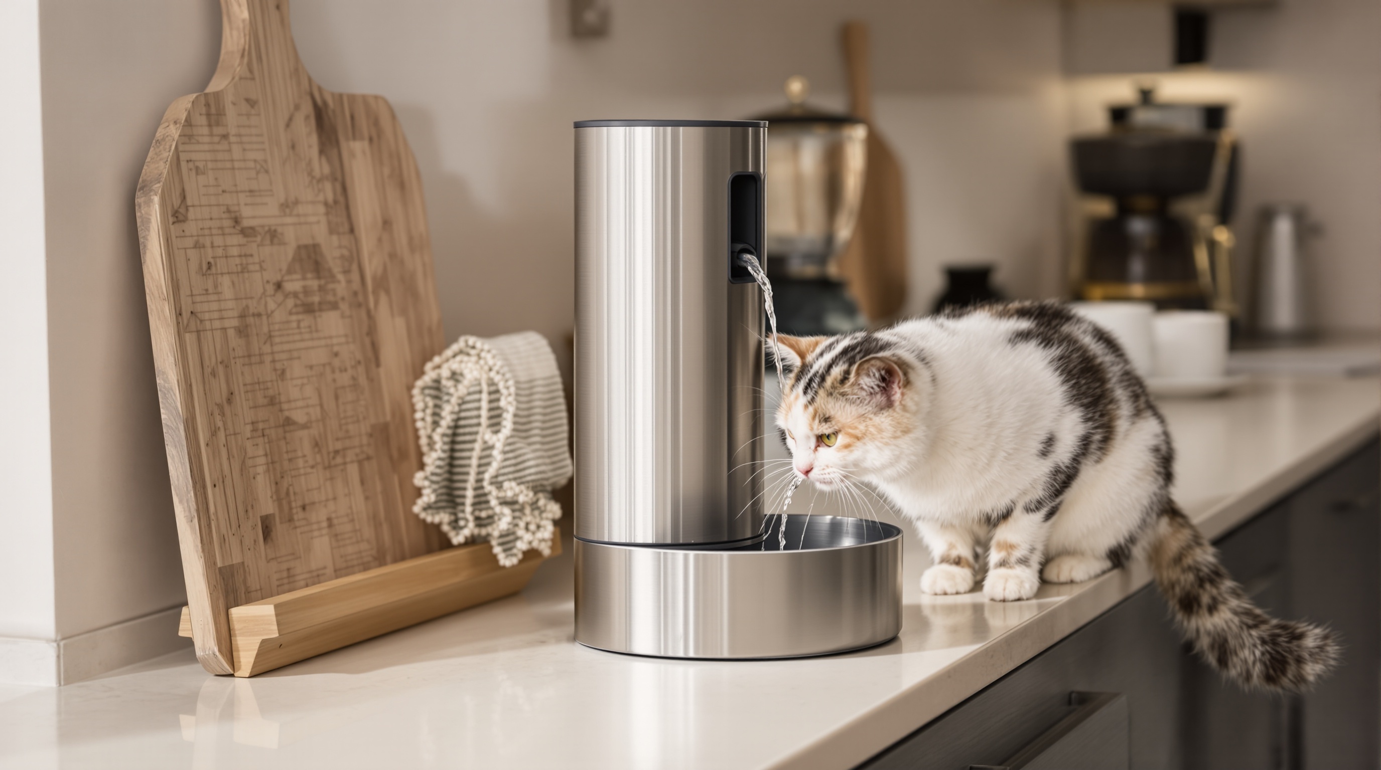 Brushed stainless steel cat drinking fountain on a pearl-cream kitchen counter, water flowing in a thin clear arc beside a calico cat mid-drink