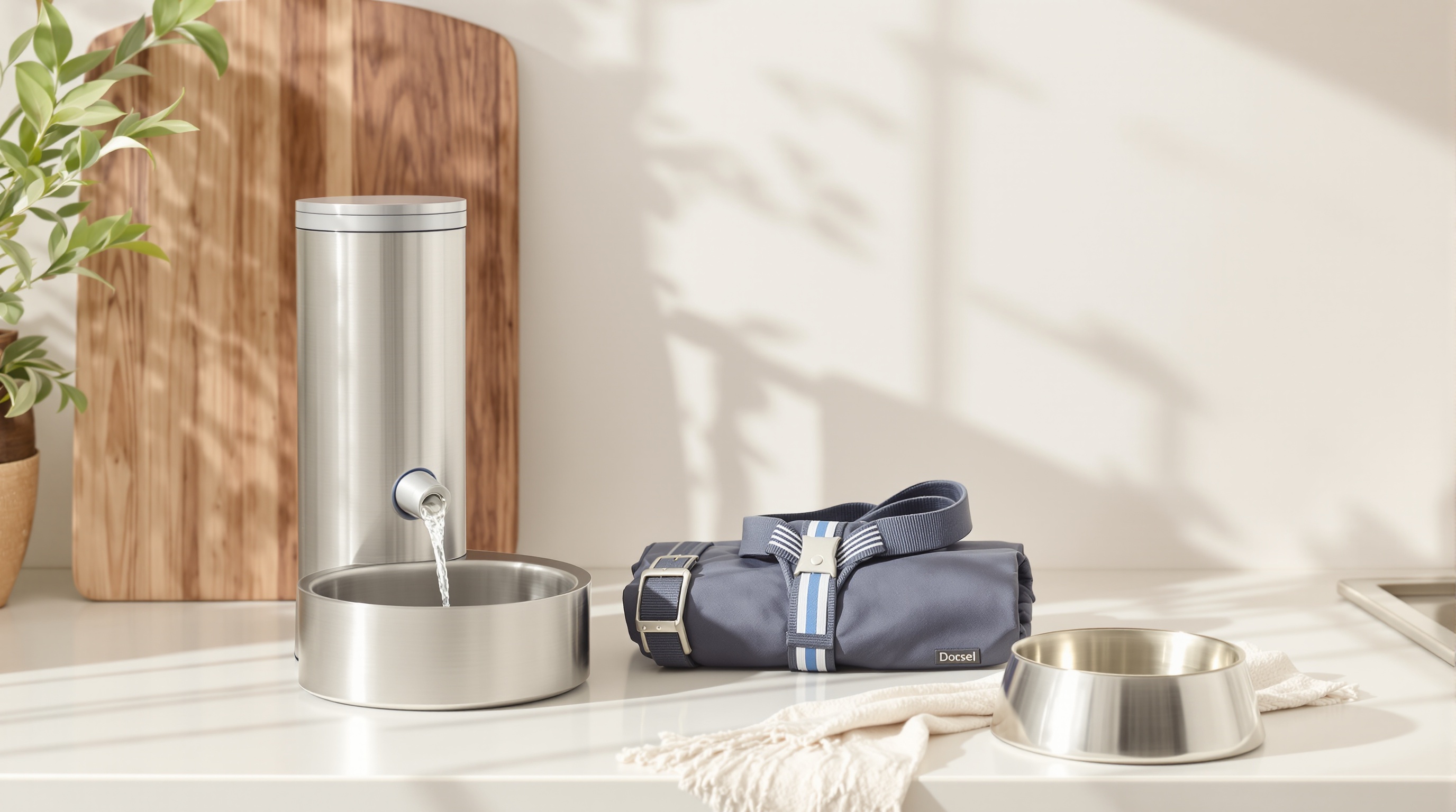 The furnely line — brushed stainless cat water fountain, slate-grey dog harness with spring-blue stripe, and brushed stainless food bowl on a pearl-cream kitchen counter